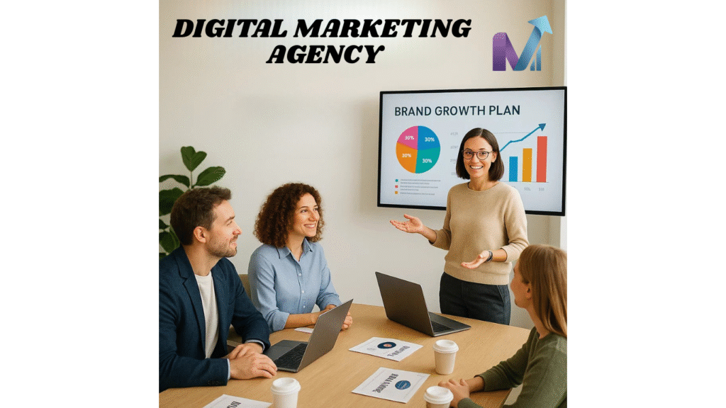 Digital marketing expert presenting brand growth strategy to engaged clients in a modern, trust-filled agency meeting room.