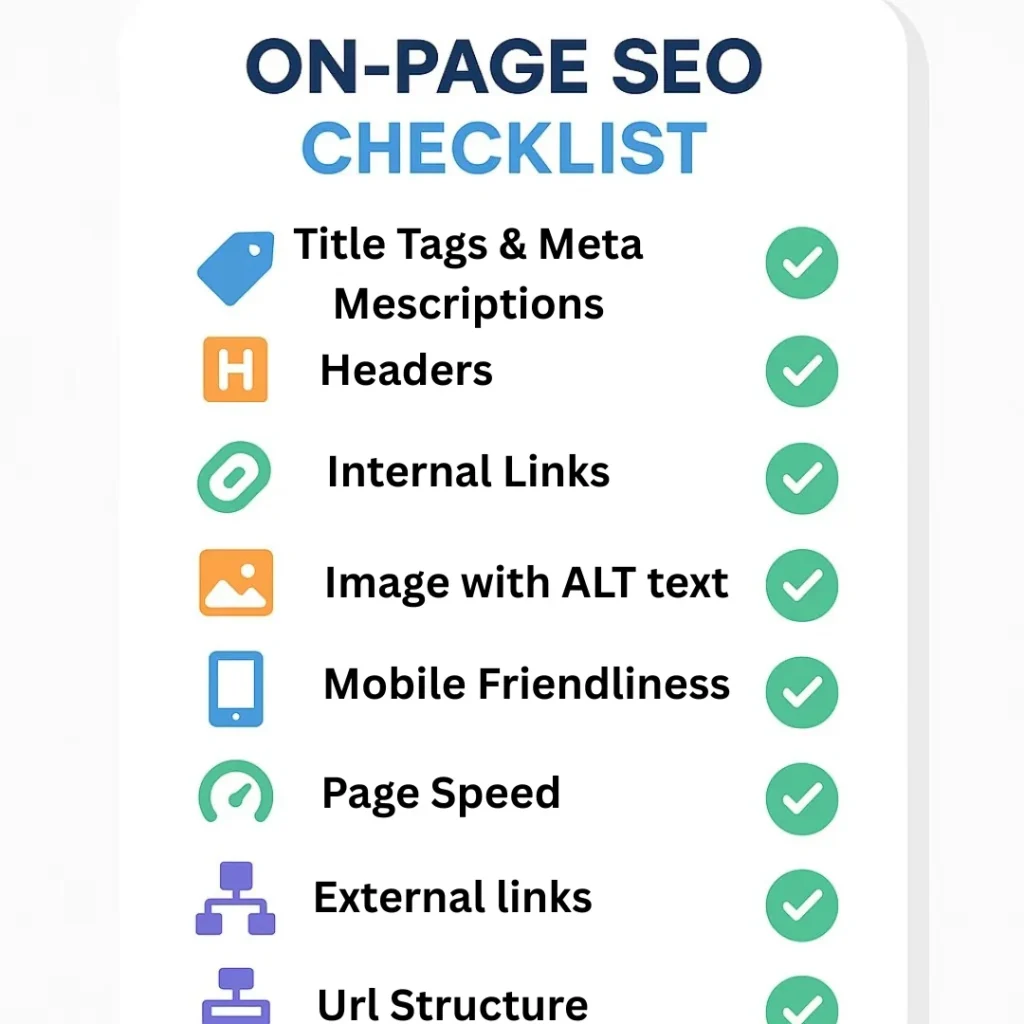 On-page SEO checklist infographic with key optimization steps highlighted